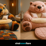 Plush oversized beaver-shaped armchair collection in peach, brown, blue, and multicoloured designs displayed in a modern living room