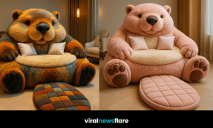 Plush oversized beaver-shaped armchair collection in peach, brown, blue, and multicoloured designs displayed in a modern living room