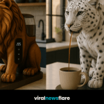 Collection of luxury big cat coffee machines including tiger, lion, snow leopard, and panther designs displayed in a modern kitchen