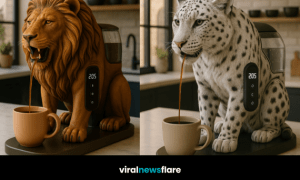 Collection of luxury big cat coffee machines including tiger, lion, snow leopard, and panther designs displayed in a modern kitchen