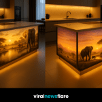 Collection of illuminated wildlife-themed kitchen islands with golden sunset lighting and elegant modern design.