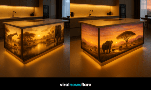 Collection of illuminated wildlife-themed kitchen islands with golden sunset lighting and elegant modern design.