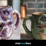 A collection of colourful dinosaur mugs arranged on a wooden surface showcasing various designs.