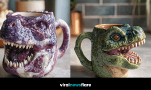 A collection of colourful dinosaur mugs arranged on a wooden surface showcasing various designs.