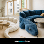 Various oversized snake-shaped sofas in different colours including green, blue, white, and purple displayed in modern interiors