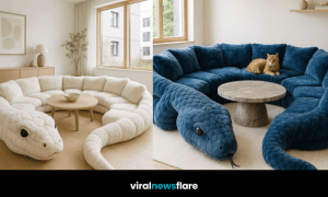 Various oversized snake-shaped sofas in different colours including green, blue, white, and purple displayed in modern interiors