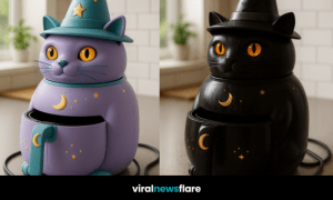 A whimsical cat-shaped air fryer wearing a witch’s hat, decorated with moons and stars, on a kitchen counter.
