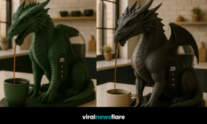 dragon-shaped coffee machines in red, green, purple, and black displayed on a marble kitchen counter