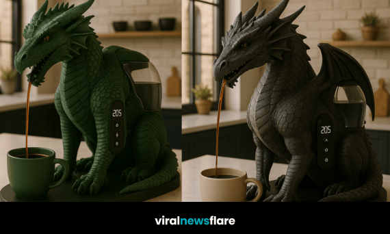 dragon-shaped coffee machines in red, green, purple, and black displayed on a marble kitchen counter