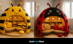 Collection of colourful insect-themed reading nooks including bee, snail, ladybird, and butterfly designs