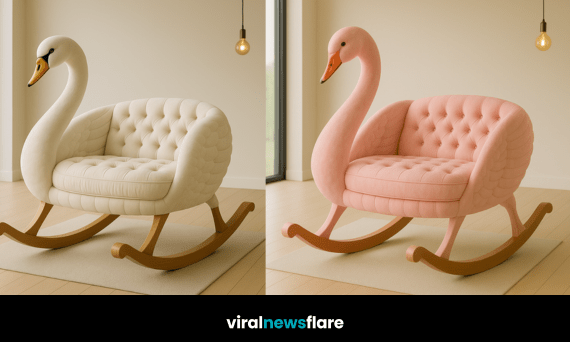 Collection of swan-shaped rocker chairs in lilac, ivory, pink, and black designs arranged in a serene setting