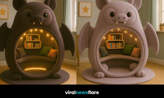 Collection of whimsical bat-shaped reading pods in multiple colours, designed for cosy children’s rooms.