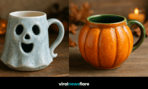 A collection of Halloween-themed mugs featuring haunted house, pumpkin, ghost, and cauldron designs