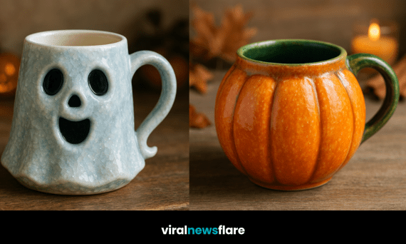 A collection of Halloween-themed mugs featuring haunted house, pumpkin, ghost, and cauldron designs