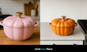 A selection of colourful pumpkin casserole dishes in orange, mint green, pink, and purple displayed in cosy kitchen settings.