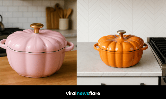 A selection of colourful pumpkin casserole dishes in orange, mint green, pink, and purple displayed in cosy kitchen settings.