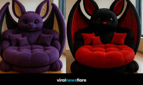 Collection of giant bat-themed faux-fur sofas in multiple colours displayed in a modern interior setting.