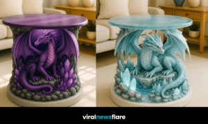 A collection of fantasy dragon tables featuring detailed dragon sculptures supporting round tabletops in a modern living room