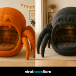 A dramatic black spider-shaped sofa with plush interiors, set in a cosy modern living room.