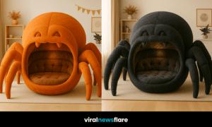 A dramatic black spider-shaped sofa with plush interiors, set in a cosy modern living room.