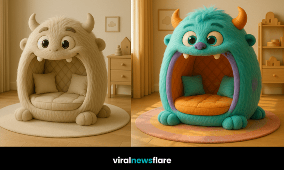 Oversized monster-shaped pod chair with soft faux fur and playful design in a children’s bedroom