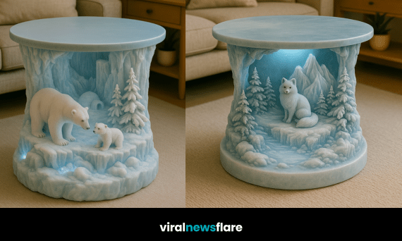 A collection of Arctic-inspired illuminated coffee tables featuring detailed wildlife and icy landscapes in soft blue hues.