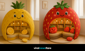 Collection of fruit-themed reading pods including strawberry, pineapple, watermelon, and orange designs in a modern children’s room.