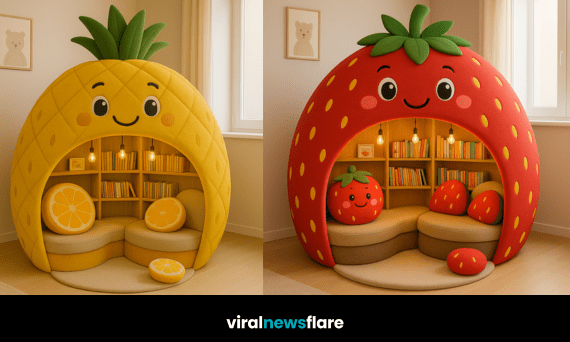 Collection of fruit-themed reading pods including strawberry, pineapple, watermelon, and orange designs in a modern children’s room.