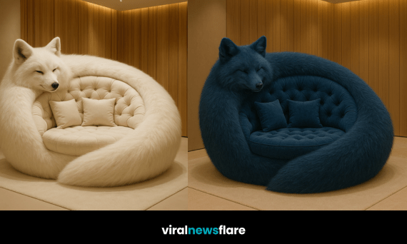 Oversized fox-shaped pod chair in a warm wooden room, showcasing plush fur and elegant design