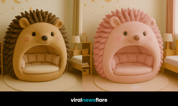Collection of hedgehog-shaped pod chairs in beige, blue, green, and pink designed for children’s bedrooms