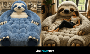 A collection of oversized sloth-shaped chairs in various colours including cream, purple, blue, and brown.
