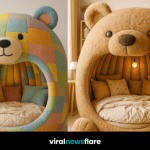 A collection of whimsical bear-shaped novelty beds in pastel, blue, brown, and pink designs.