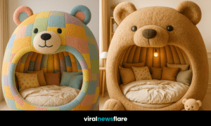 A collection of whimsical bear-shaped novelty beds in pastel, blue, brown, and pink designs.