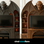 Gothic vampire TV stand with vampire bust and bat wings, styled with gothic details and shelves.