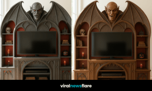 Gothic vampire TV stand with vampire bust and bat wings, styled with gothic details and shelves.