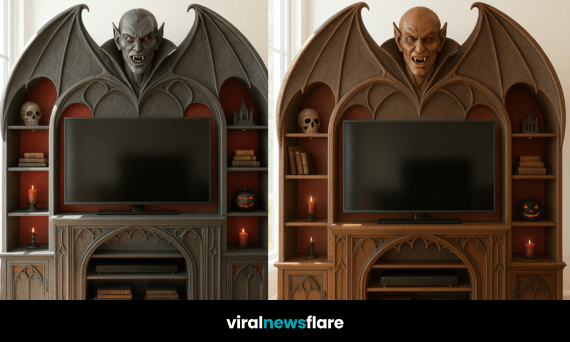 Gothic vampire TV stand with vampire bust and bat wings, styled with gothic details and shelves.