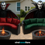 Gothic vampire outdoor sofa with dramatic vampire sculpture and firepit in suburban garden.