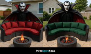 Gothic vampire outdoor sofa with dramatic vampire sculpture and firepit in suburban garden.