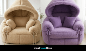 Neutral beige hooded armchair in a minimalist living room with natural daylight.