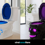 A selection of colourful skull-shaped toilets with glowing LED accents in stylish bathroom settings.