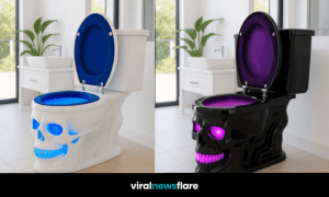 A selection of colourful skull-shaped toilets with glowing LED accents in stylish bathroom settings.