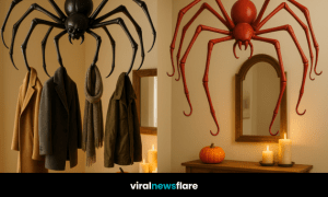 Collection of spider coat racks in pink, black, red, and green for Halloween home décor.