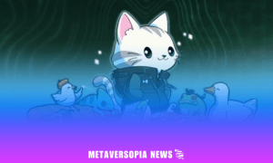 Illustration of an adorable cartoon cat in explorer gear surrounded by ducks and frogs, representing Metaversopia News in a vibrant blue and purple gradient background.