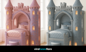 Enchanted fairy tale castle bed with towers, steps, and glowing windows in a softly lit children’s room.