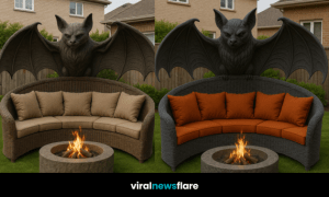 Dramatic bat-shaped garden sofa with fire pit and dark wicker design in modern garden