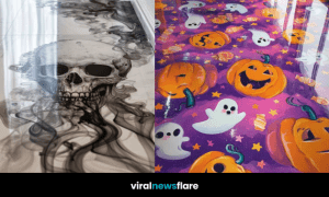 Collection of spooky and artistic epoxy floor designs featuring skulls, pumpkins, and moonlit scenes