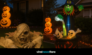 Halloween garden setup featuring glowing pumpkins, a flying witch, bubbling cauldron, and crawling mummy at dusk