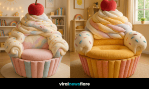Colourful cupcake-shaped armchair with pastel frosting and a cherry on top in a bright modern room