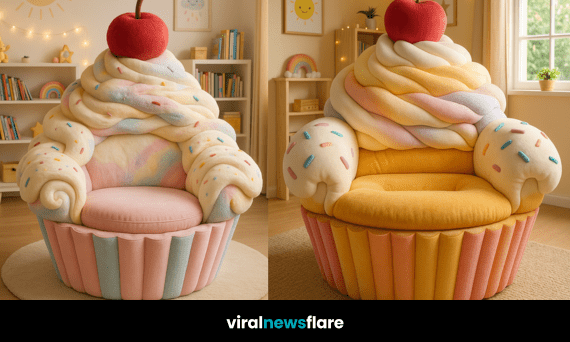 Colourful cupcake-shaped armchair with pastel frosting and a cherry on top in a bright modern room