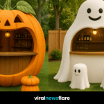 A collection of creative Halloween garden bars including ghost, pumpkin, witch hat, and haunted house designs.